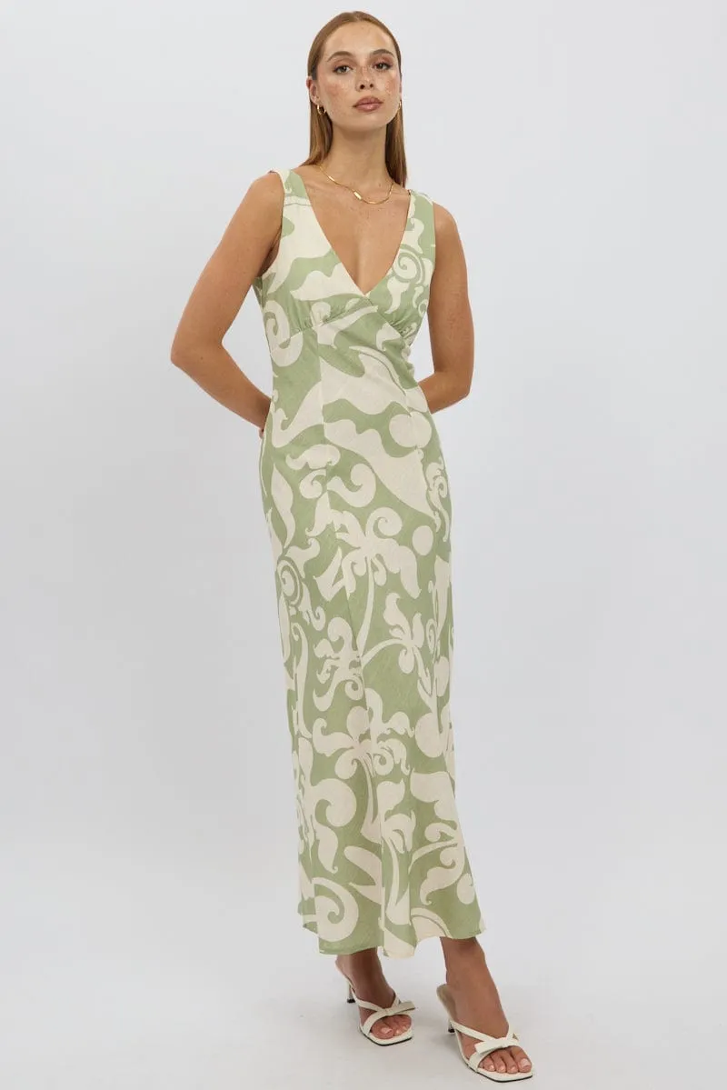 Green Abstract Midi Dress V Neck Sleeveless