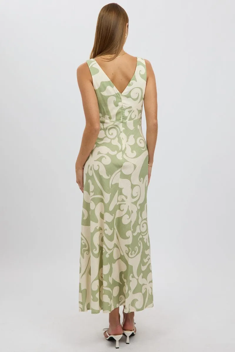 Green Abstract Midi Dress V Neck Sleeveless