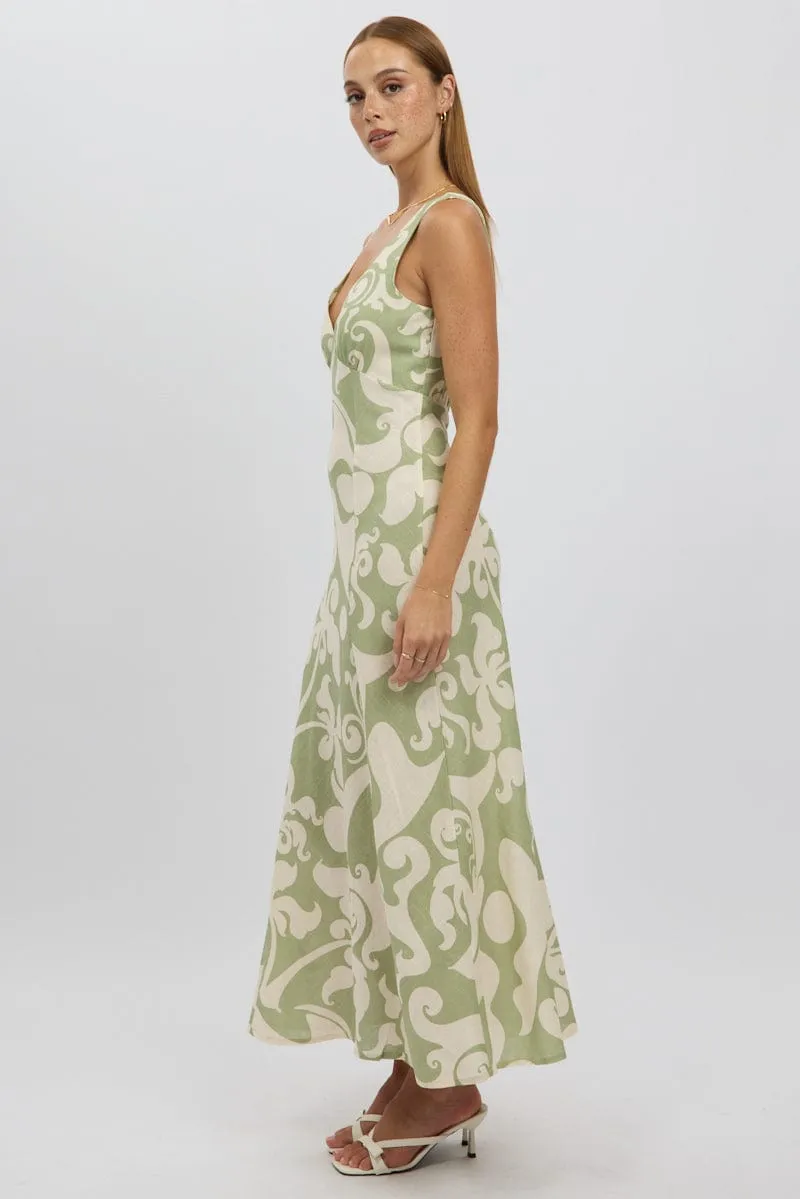 Green Abstract Midi Dress V Neck Sleeveless