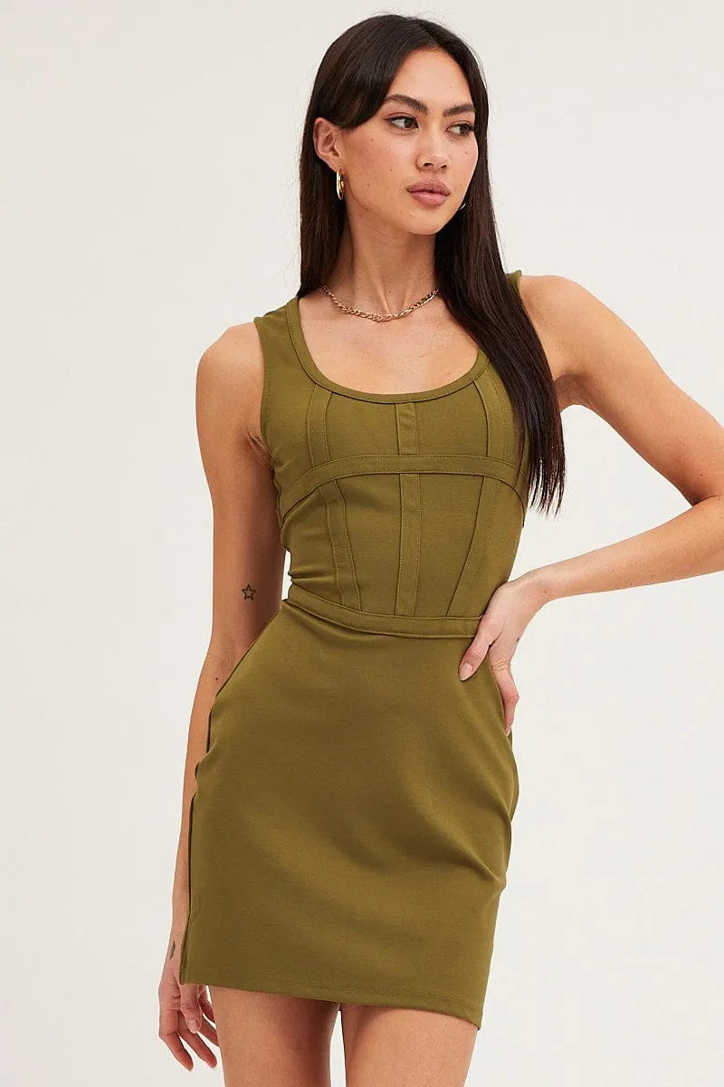 Green Mini Dress Sleeveless Corset Detail Bodycon