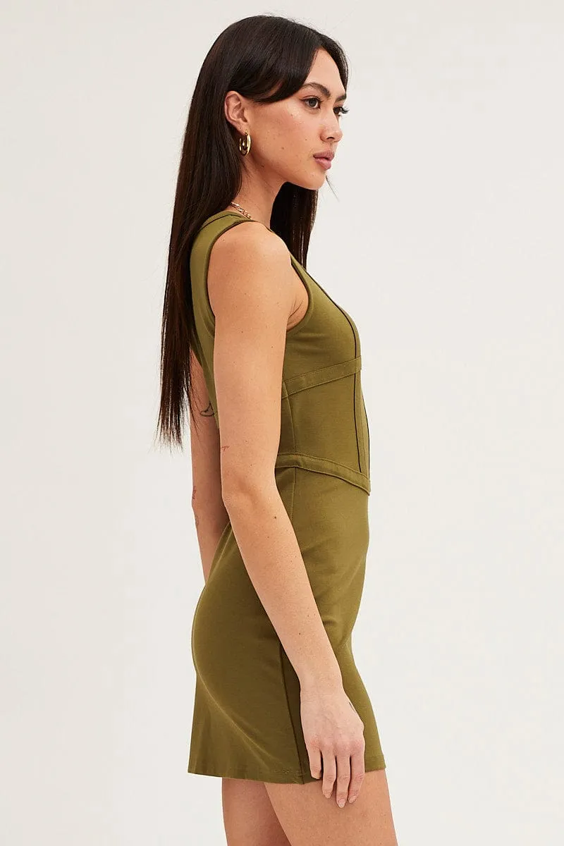 Green Mini Dress Sleeveless Corset Detail Bodycon