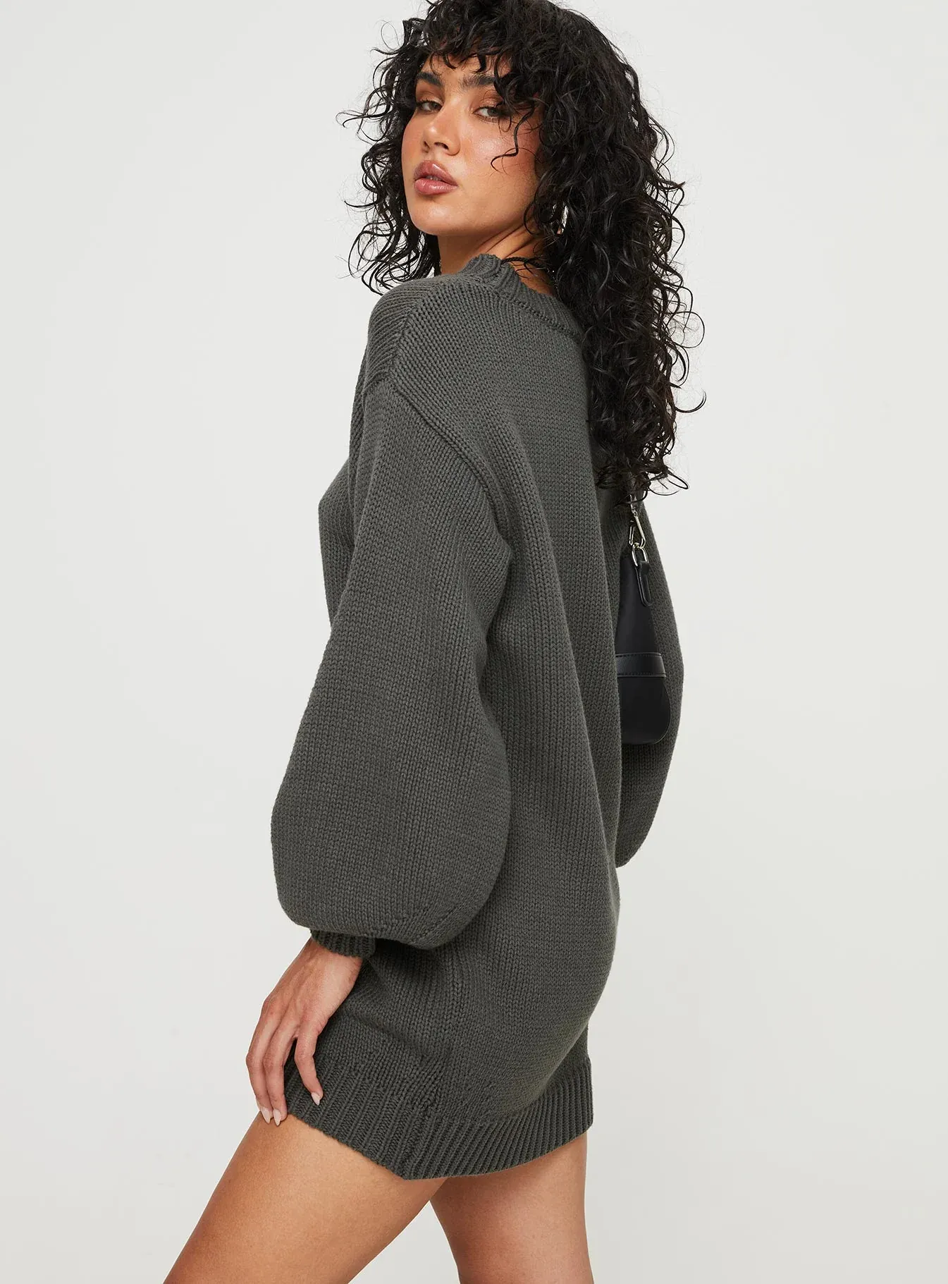 Harmony Balloon Sleeve Knit Mini Dress Charcoal