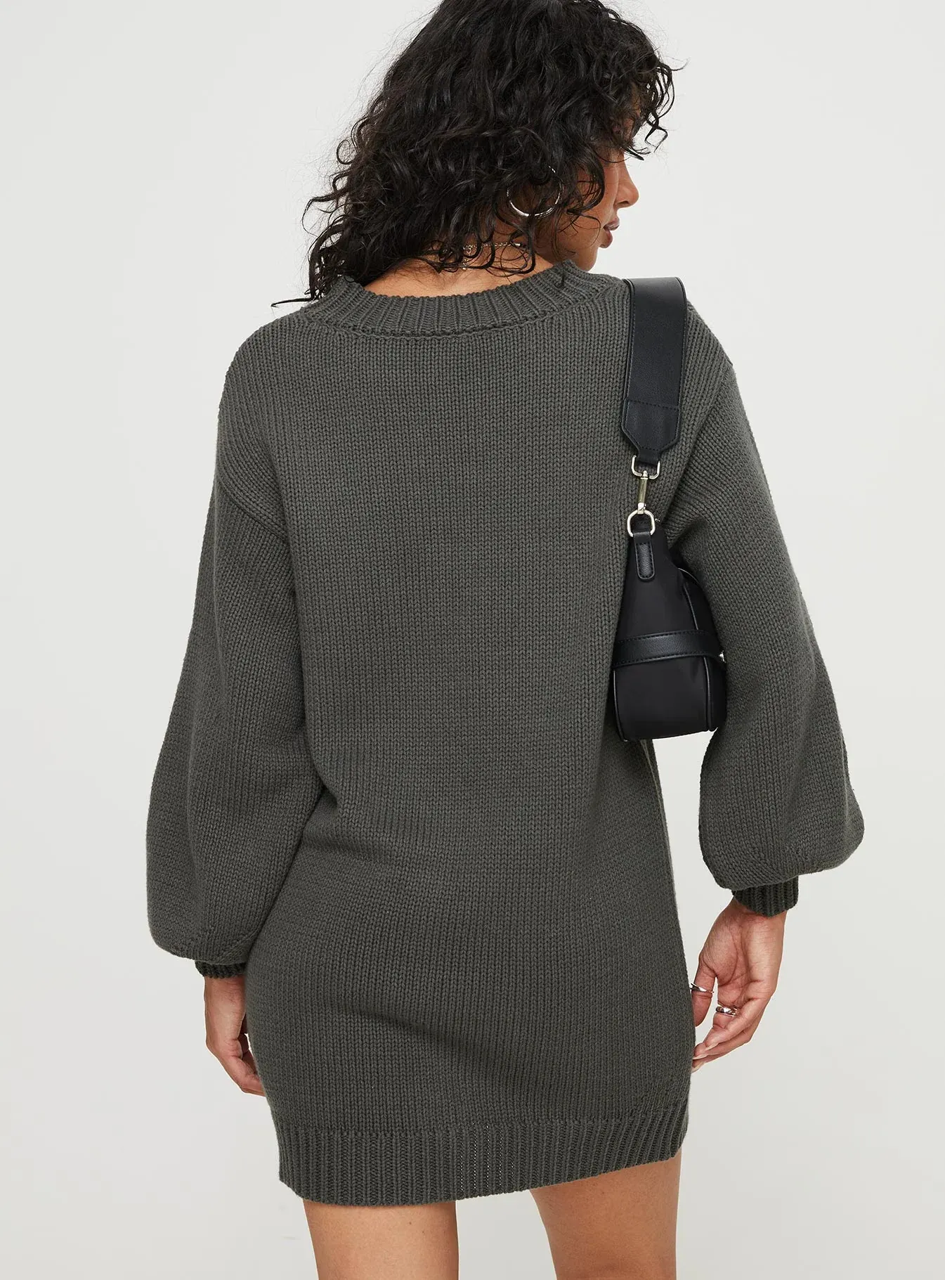 Harmony Balloon Sleeve Knit Mini Dress Charcoal
