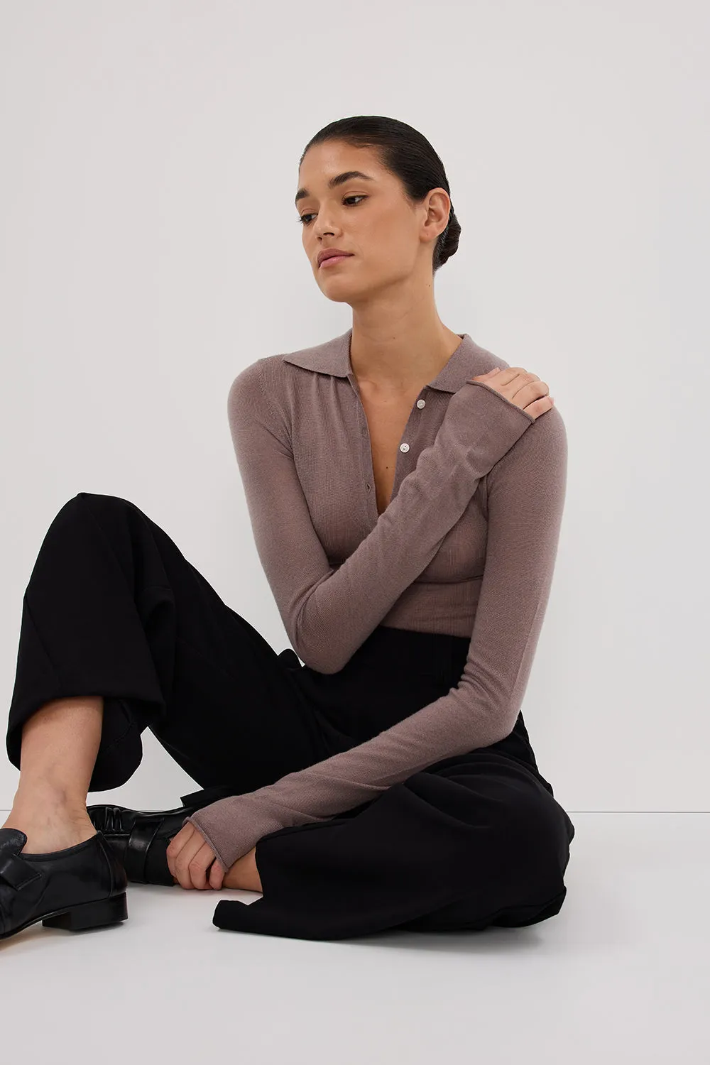 JANE TAUPE MERINO POLO KNIT TOP