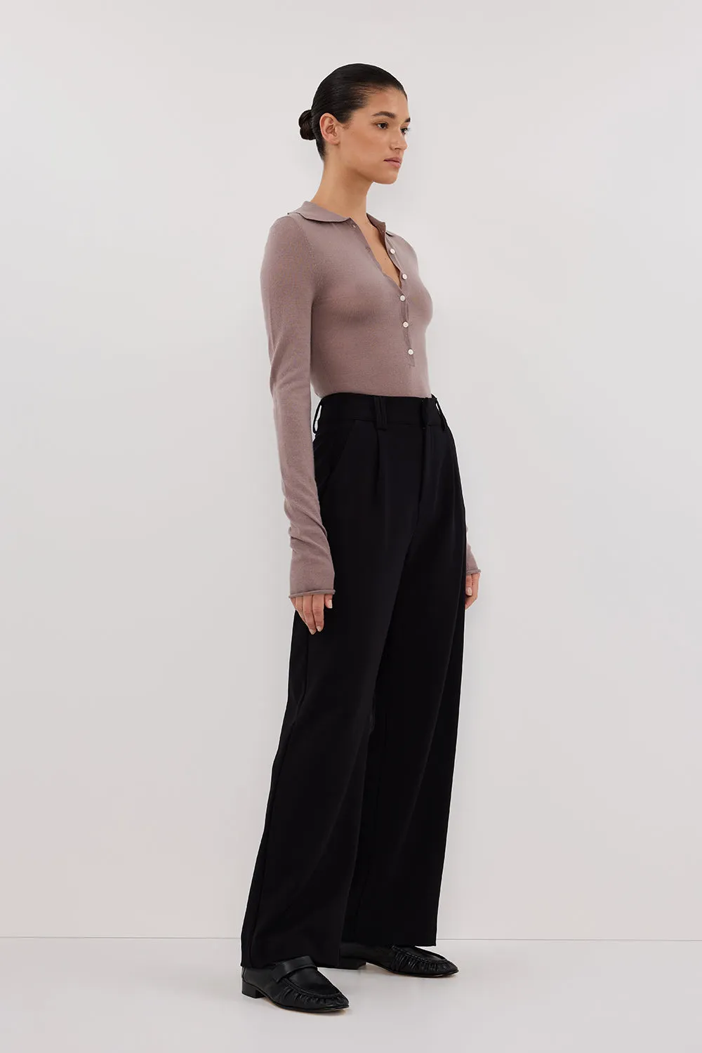 JANE TAUPE MERINO POLO KNIT TOP