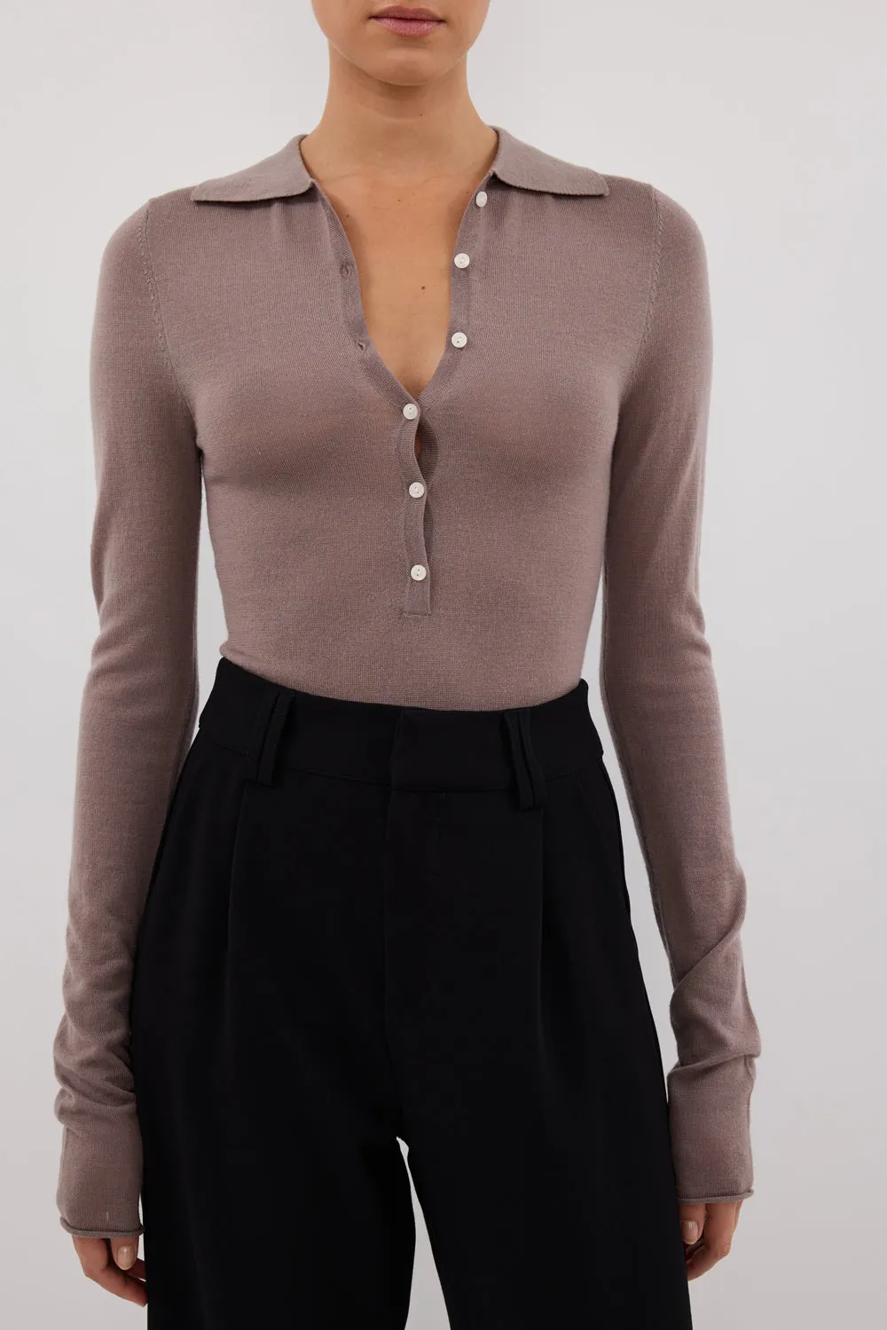 JANE TAUPE MERINO POLO KNIT TOP