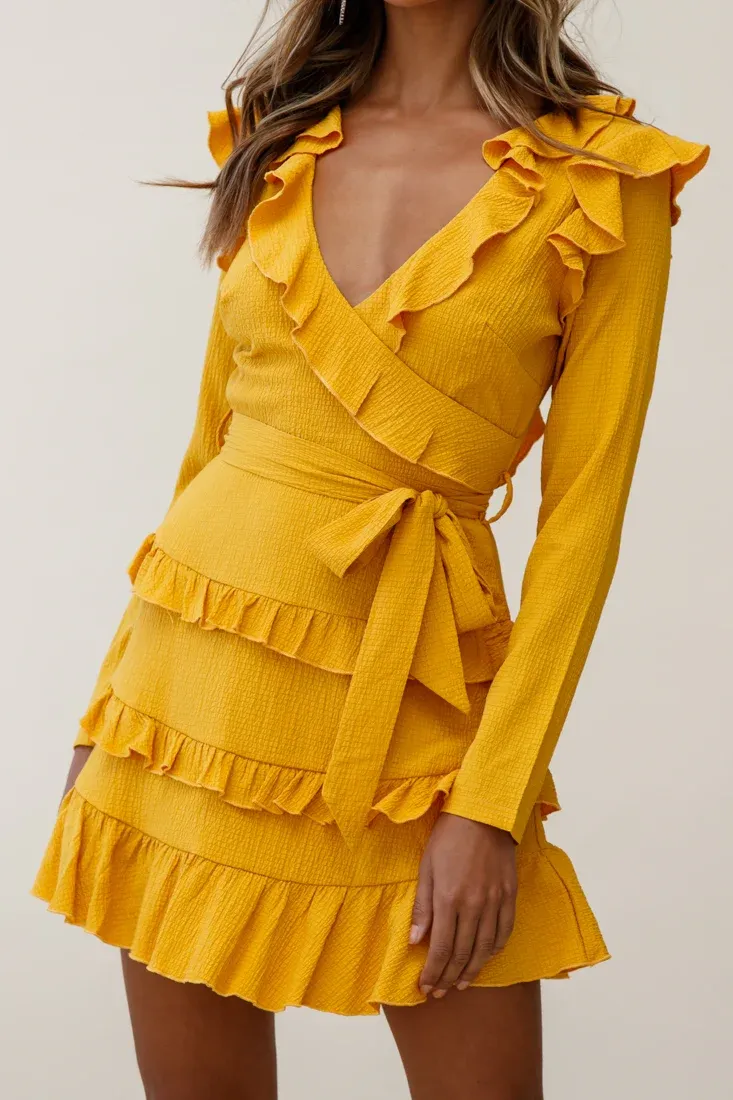 Jemirah Ruffle-Trimmed Long Sleeve Frill Dress Mustard