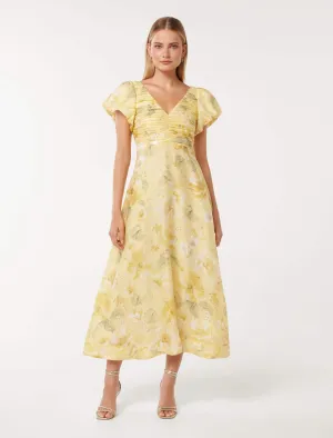 June Ruched V Neck Midi Dress