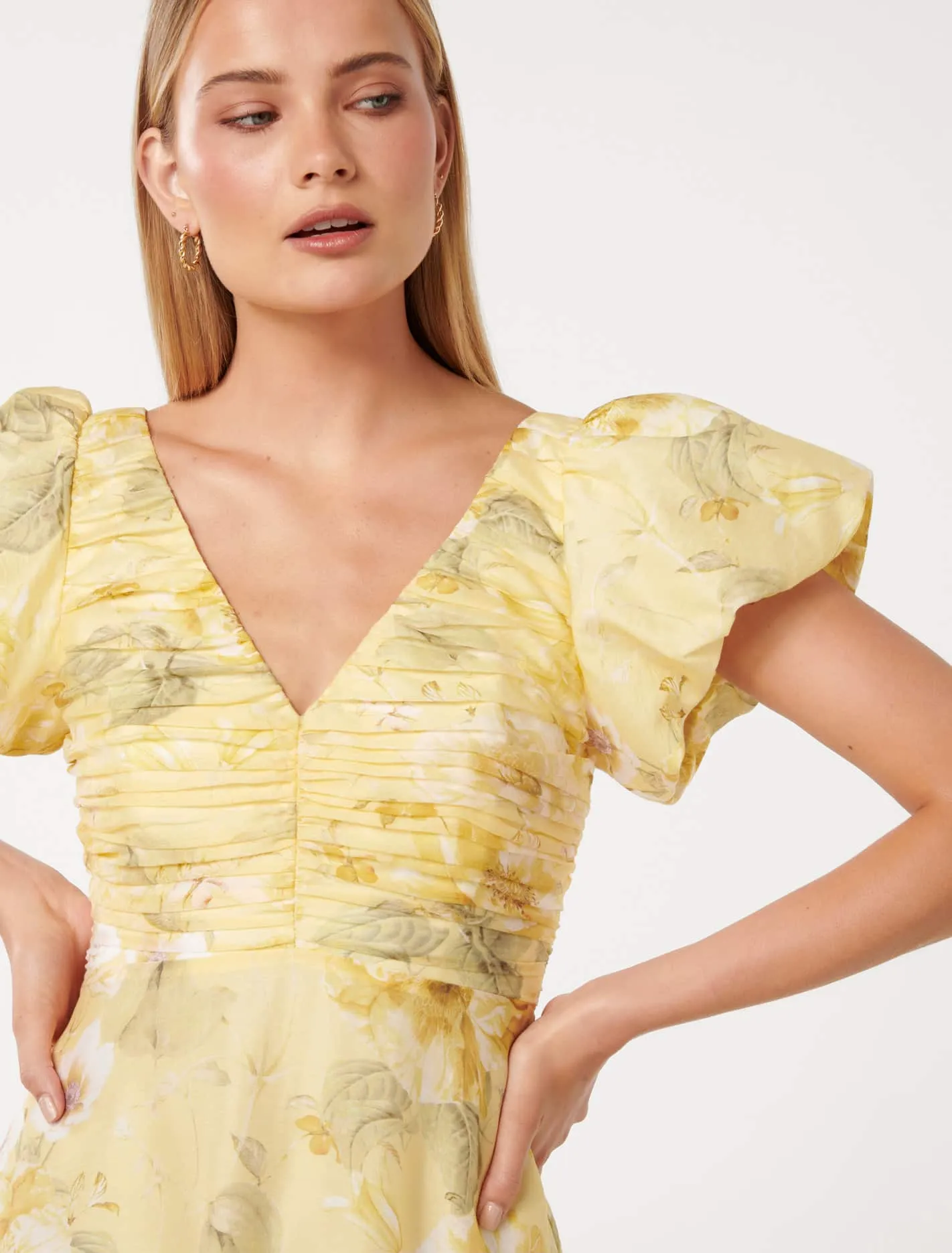 June Ruched V Neck Midi Dress