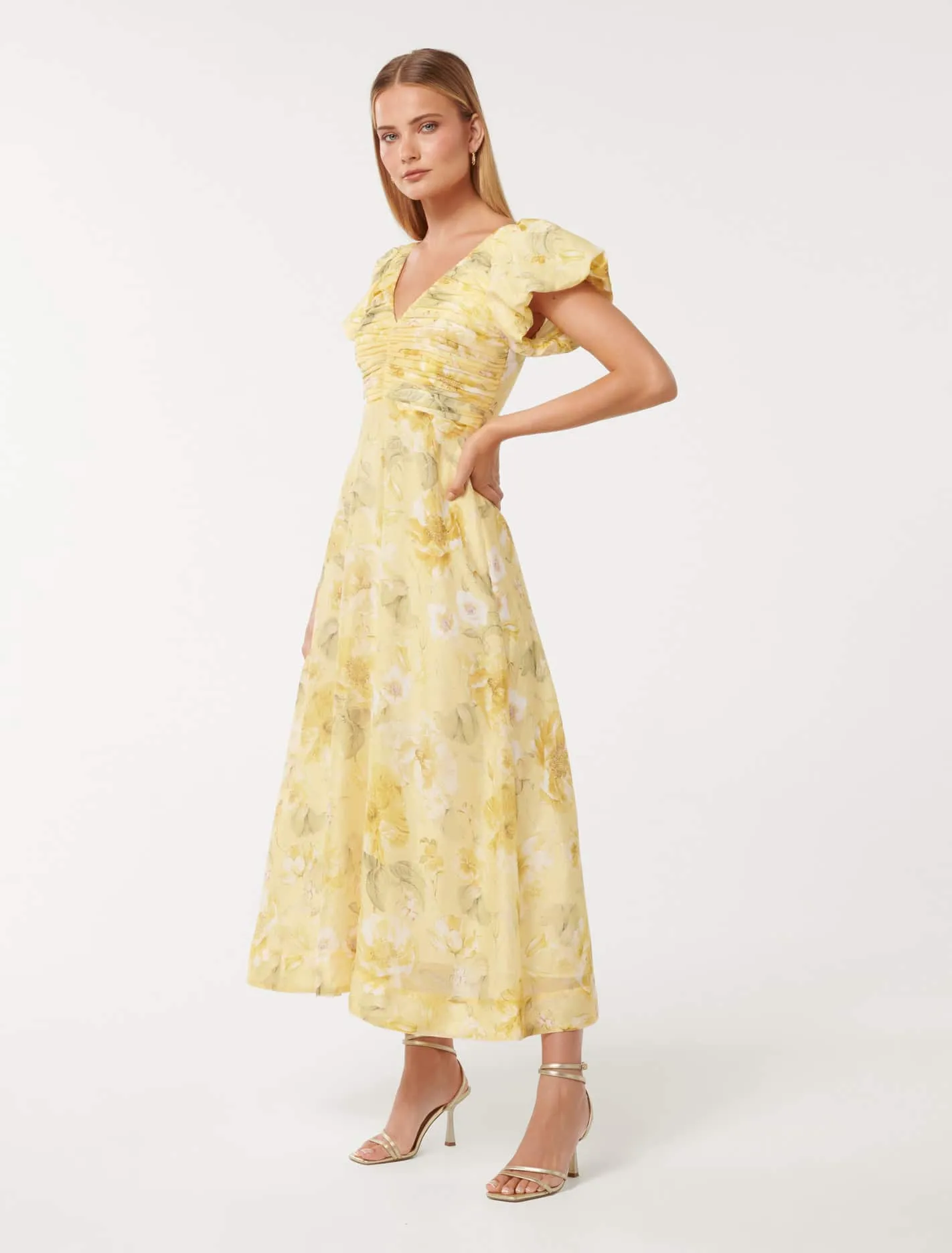 June Ruched V Neck Midi Dress