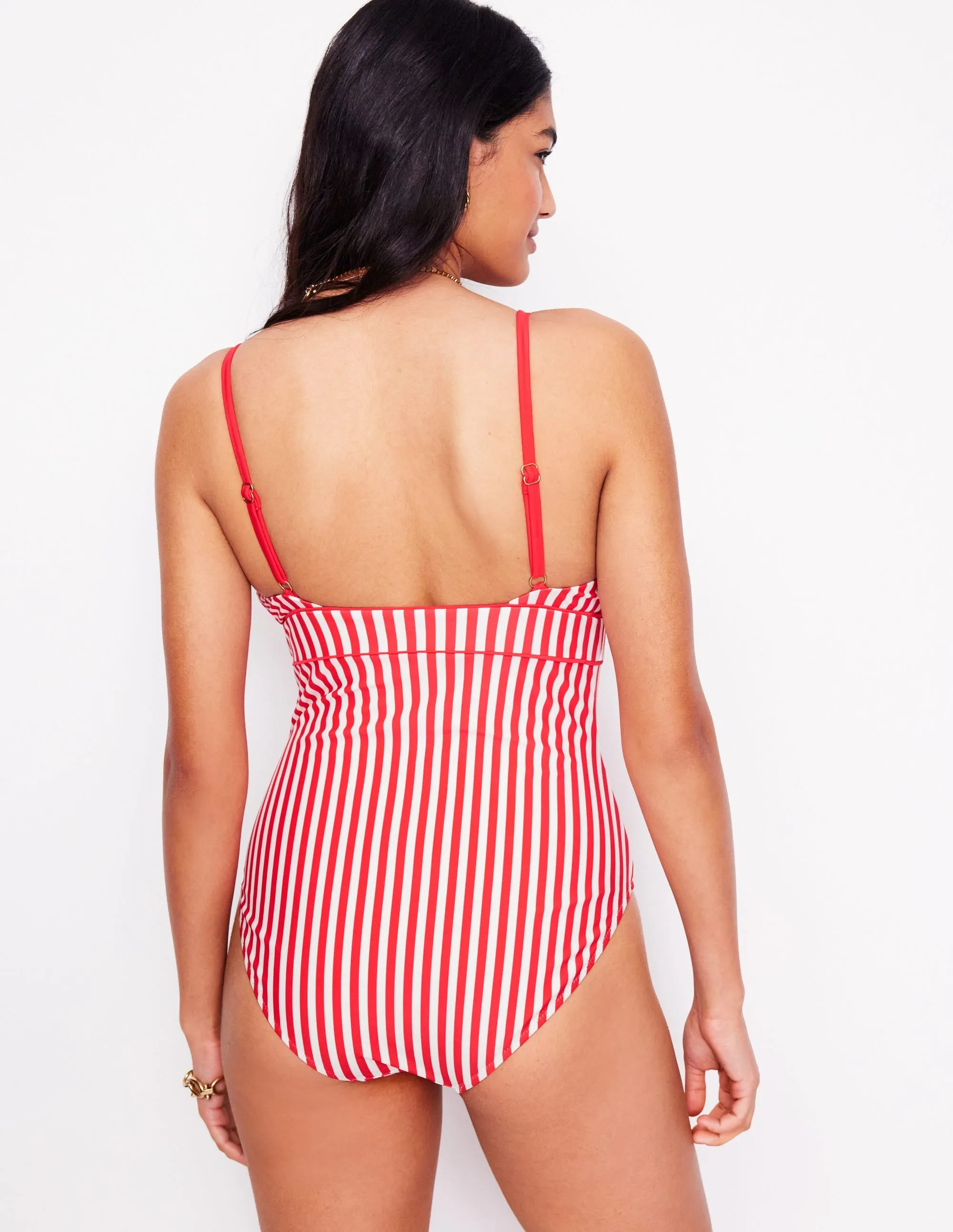 Kasos String V Neck Swimsuit-Coral Punch/ Ivory Stripe