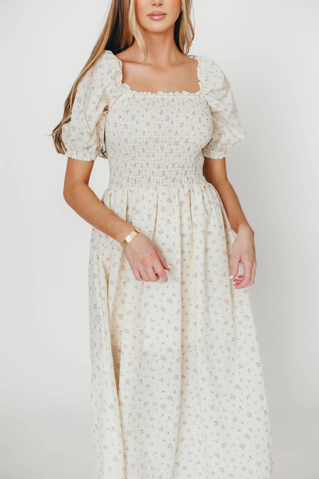 Kinsley Ditsy Floral Smocked Midi Dress in Pink