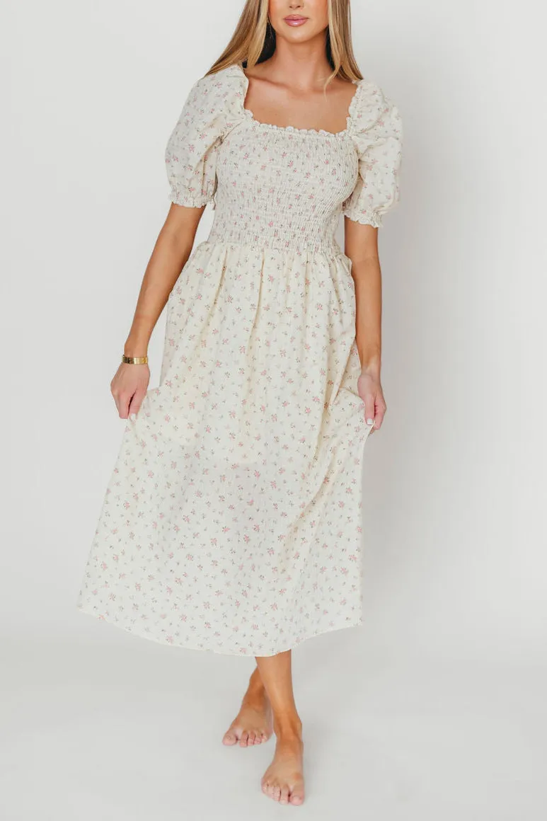 Kinsley Ditsy Floral Smocked Midi Dress in Pink