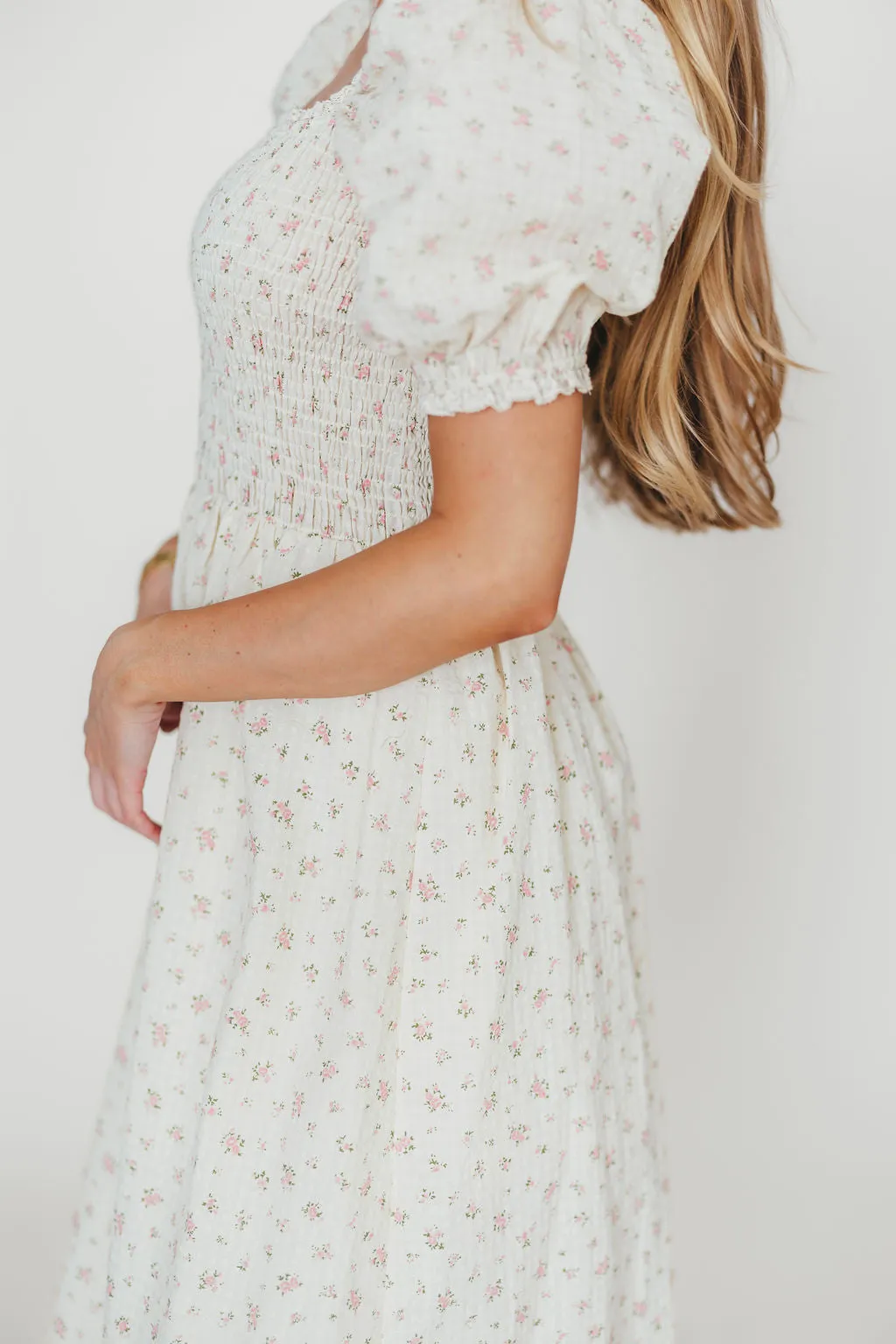 Kinsley Ditsy Floral Smocked Midi Dress in Pink