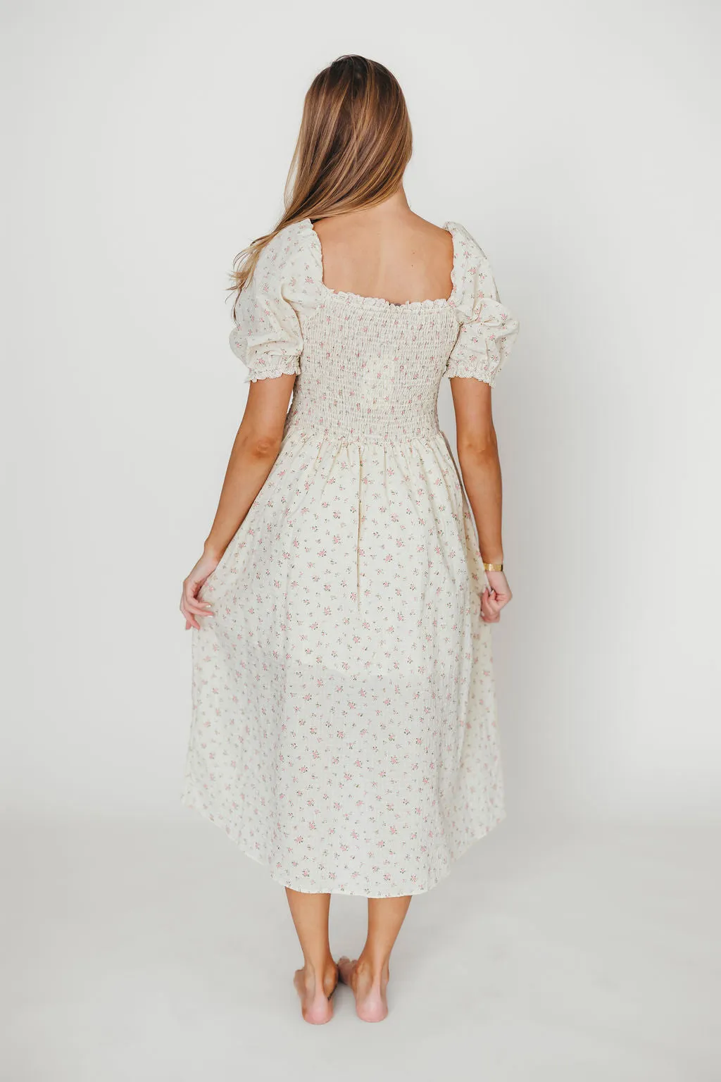 Kinsley Ditsy Floral Smocked Midi Dress in Pink