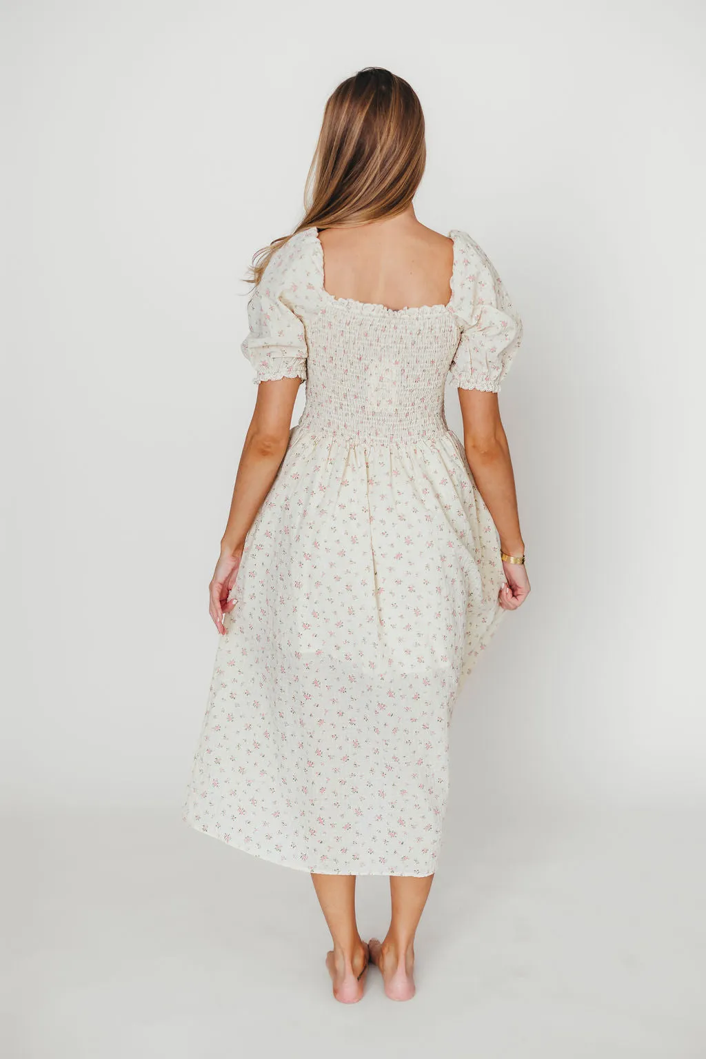 Kinsley Ditsy Floral Smocked Midi Dress in Pink