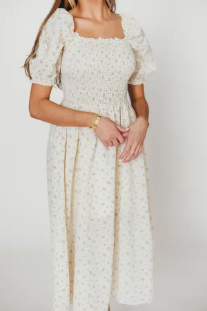 Kinsley Ditsy Floral Smocked Midi Dress in Pink