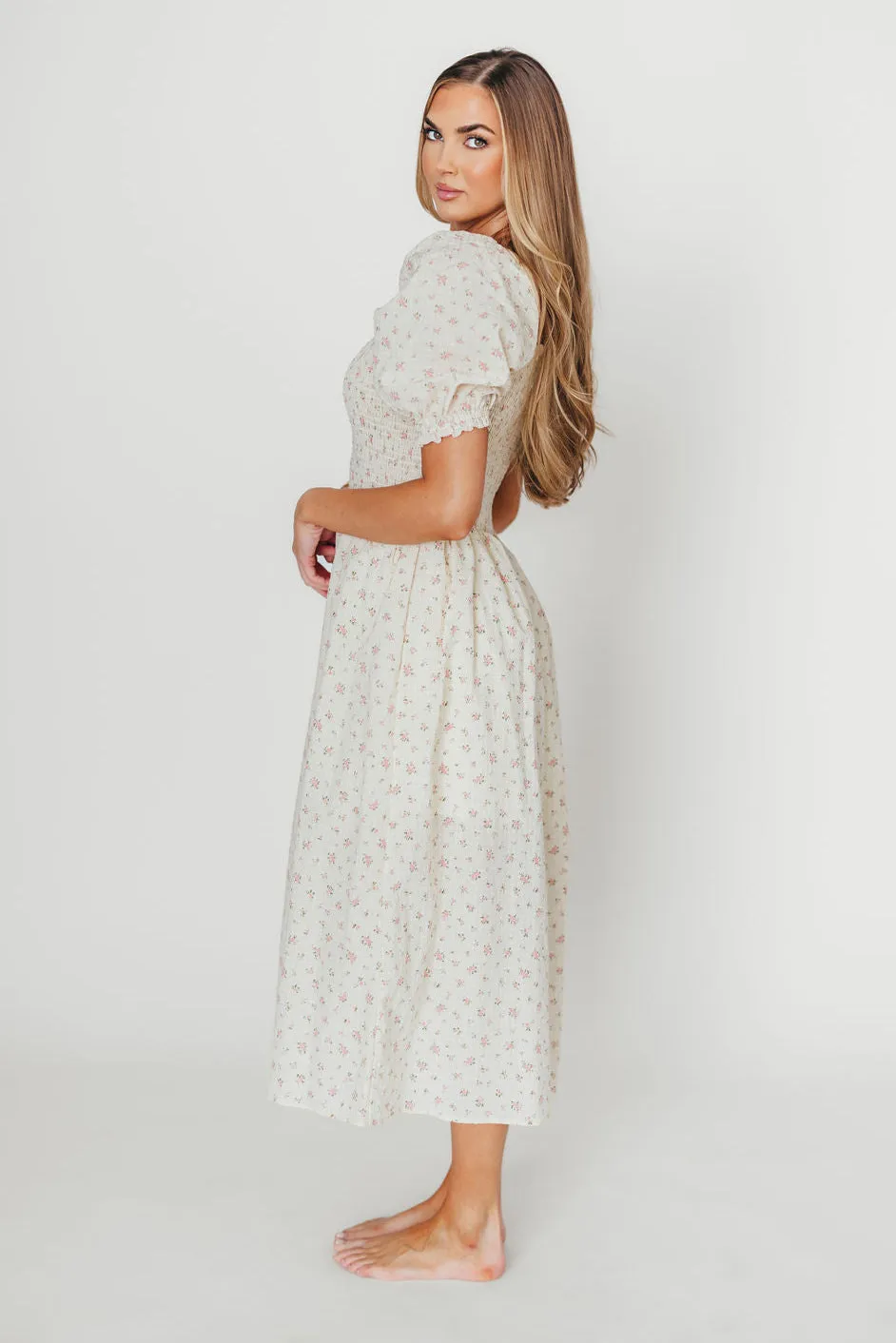 Kinsley Ditsy Floral Smocked Midi Dress in Pink