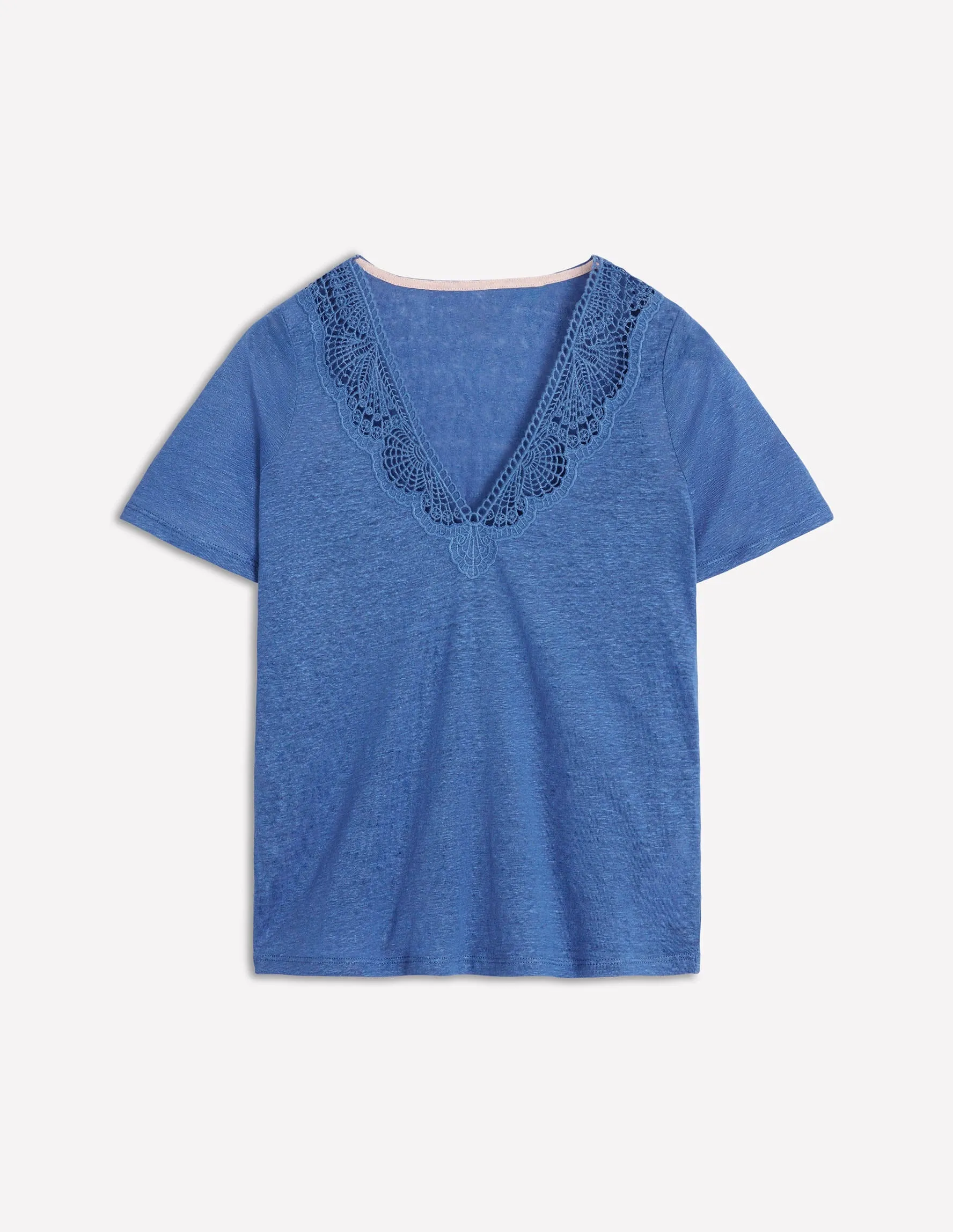 Lace Trim Linen T-shirt-Blue River