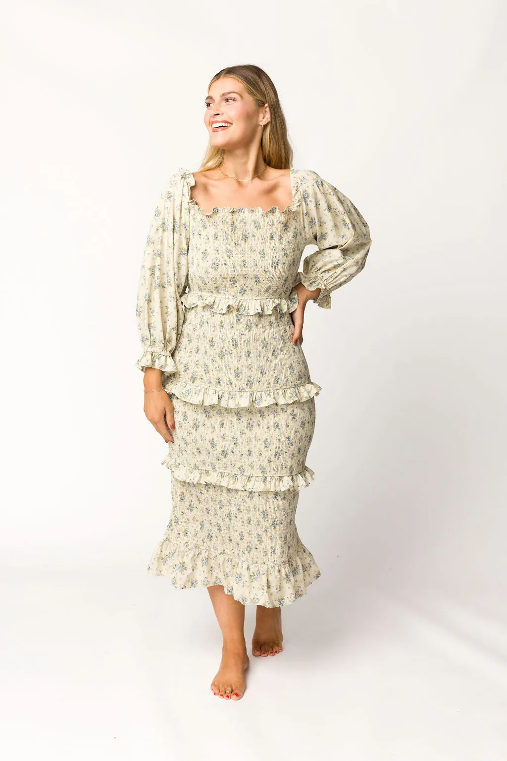 Lila Floral Printed Smocked Midi Dress in Blue - Bump Friendly