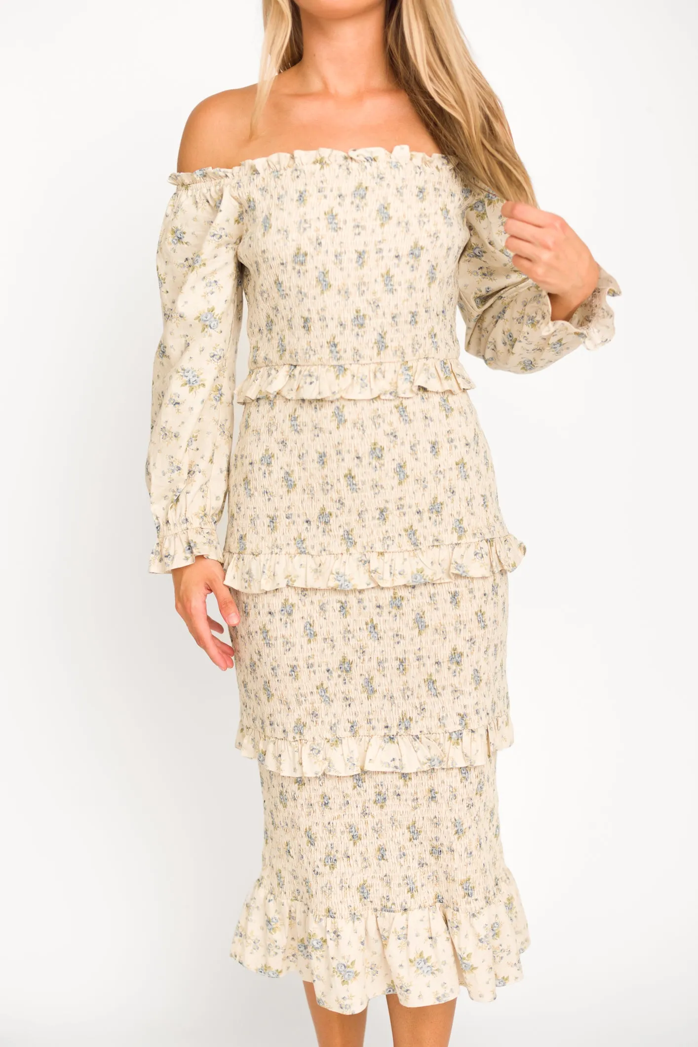 Lila Floral Printed Smocked Midi Dress in Blue - Bump Friendly