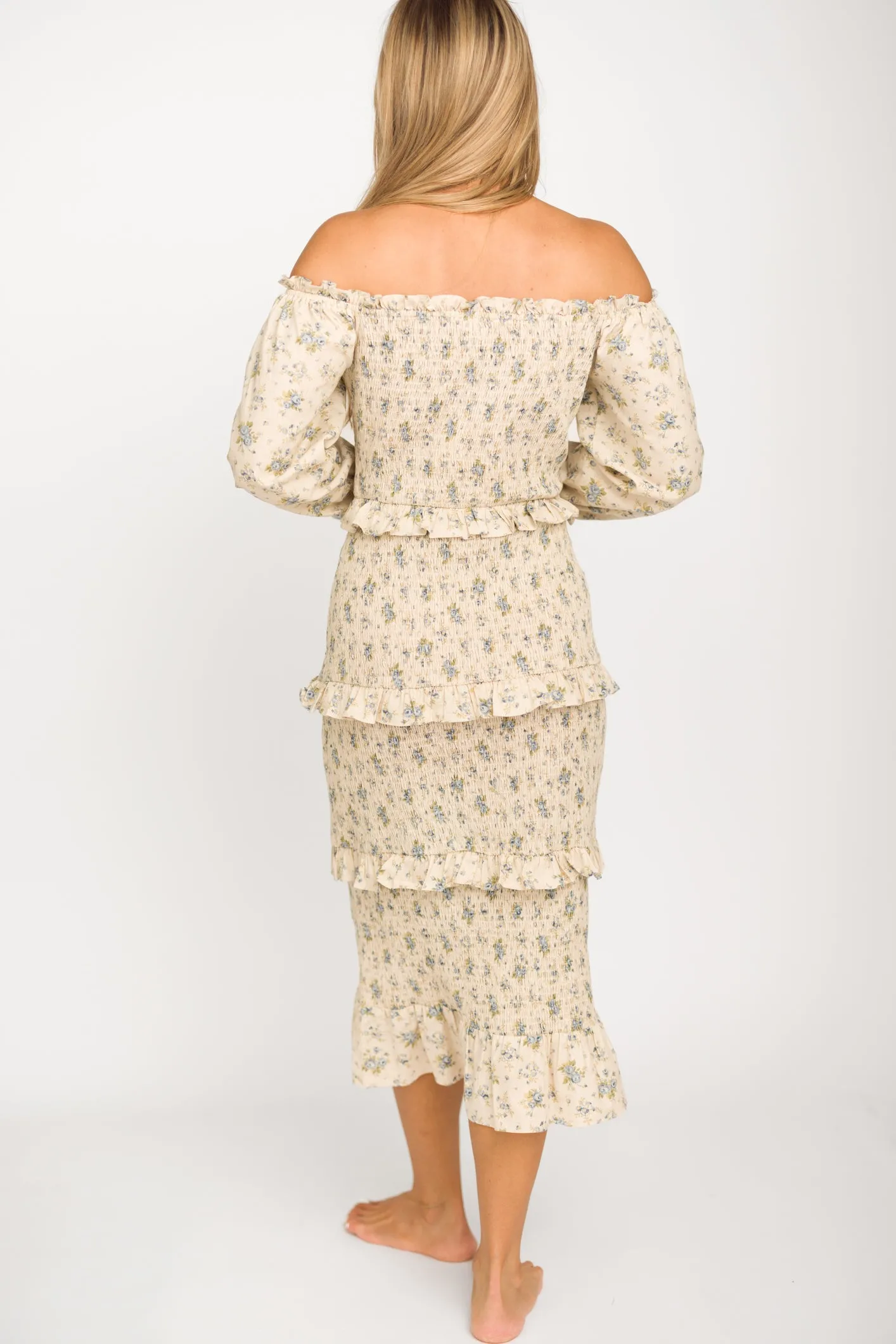 Lila Floral Printed Smocked Midi Dress in Blue - Bump Friendly