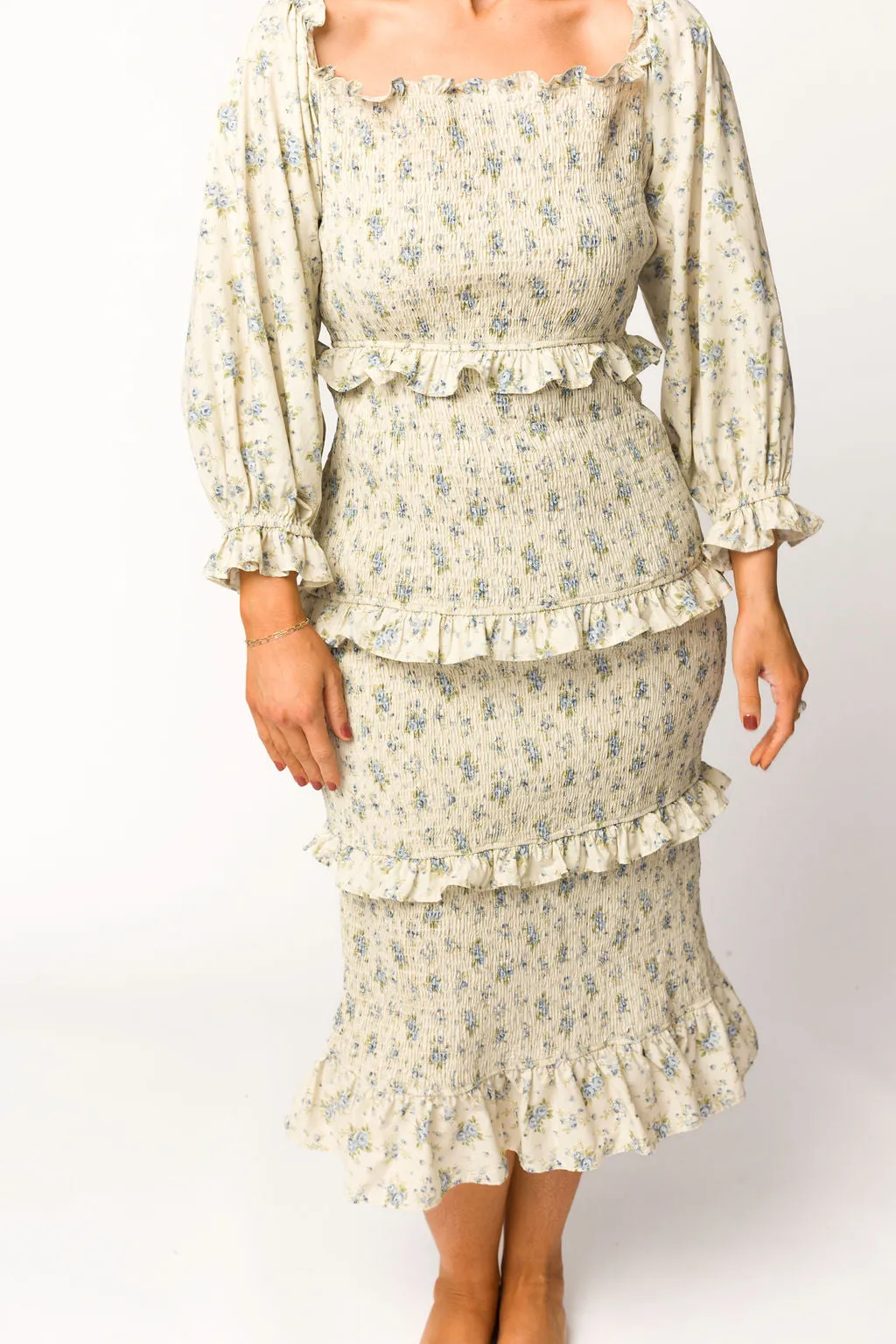 Lila Floral Printed Smocked Midi Dress in Blue - Bump Friendly