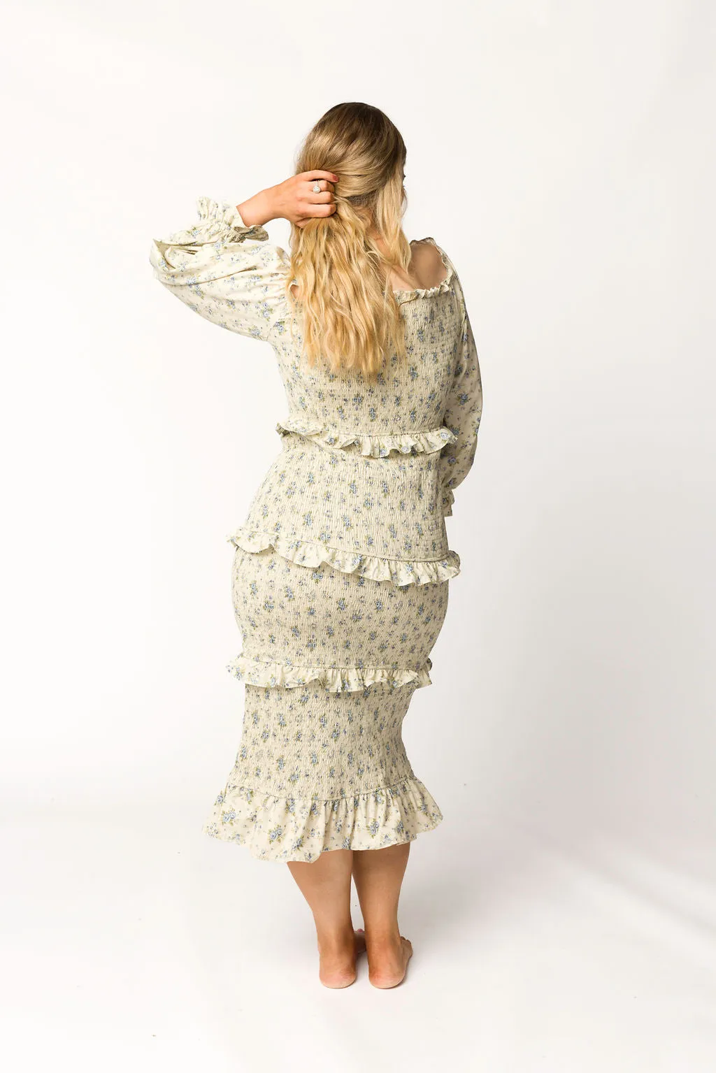 Lila Floral Printed Smocked Midi Dress in Blue - Bump Friendly