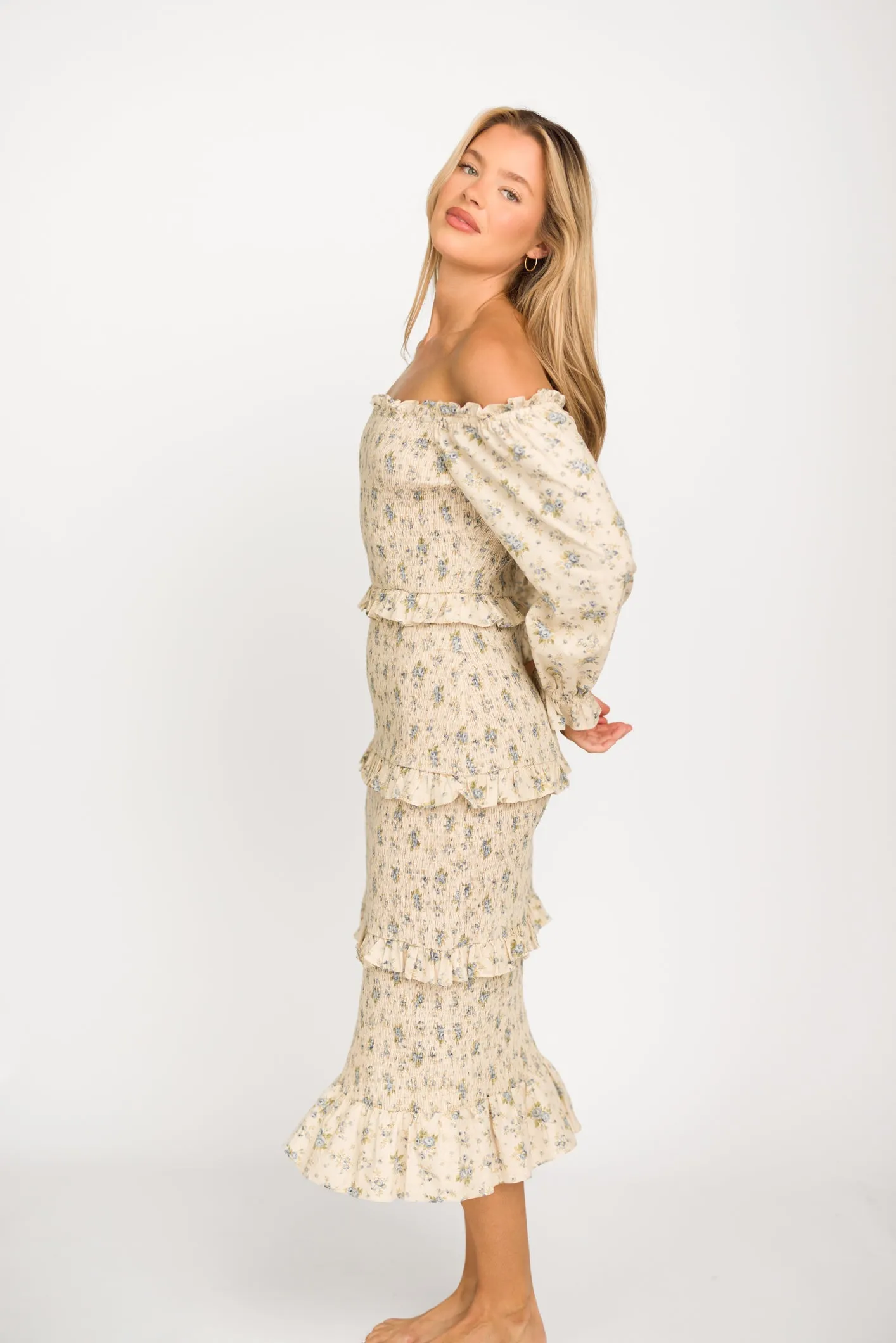 Lila Floral Printed Smocked Midi Dress in Blue - Bump Friendly
