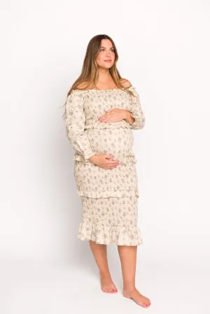 Lila Floral Printed Smocked Midi Dress in Blue - Bump Friendly