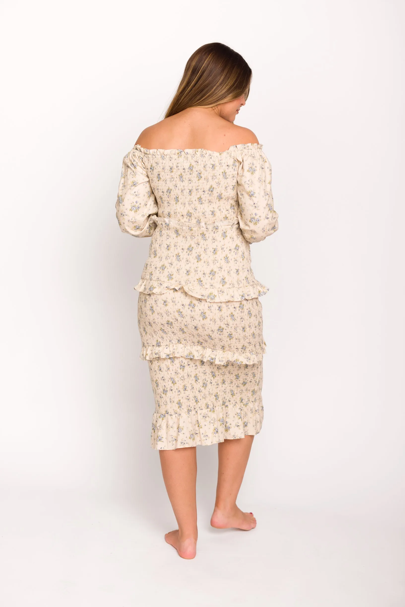 Lila Floral Printed Smocked Midi Dress in Blue - Bump Friendly