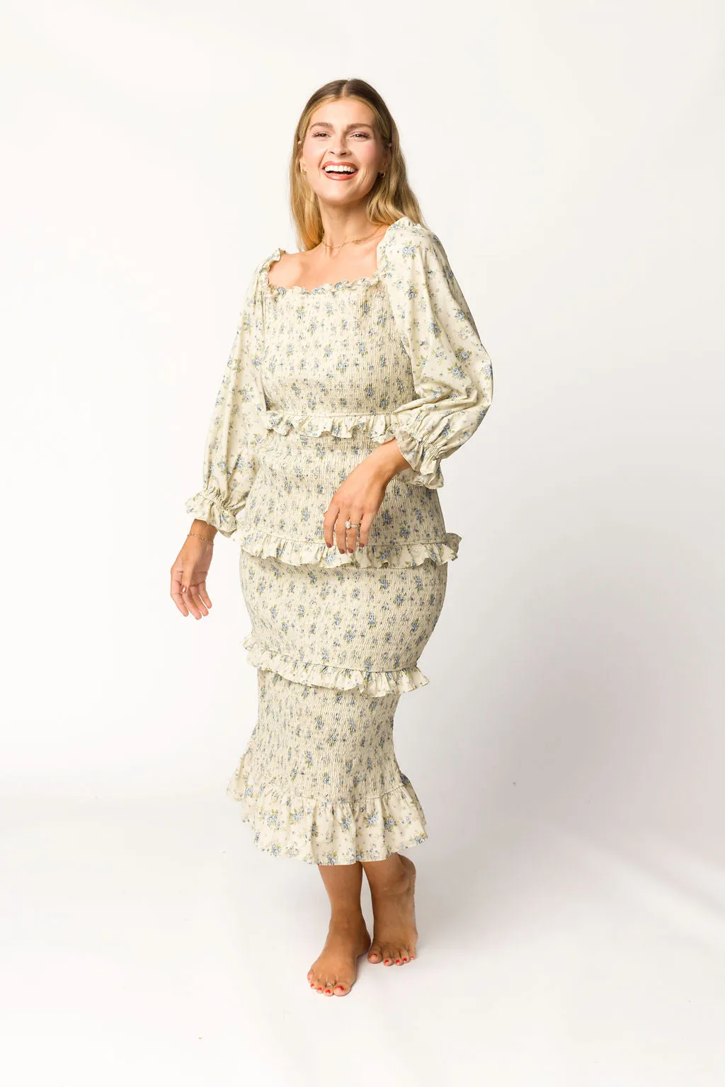 Lila Floral Printed Smocked Midi Dress in Blue - Bump Friendly