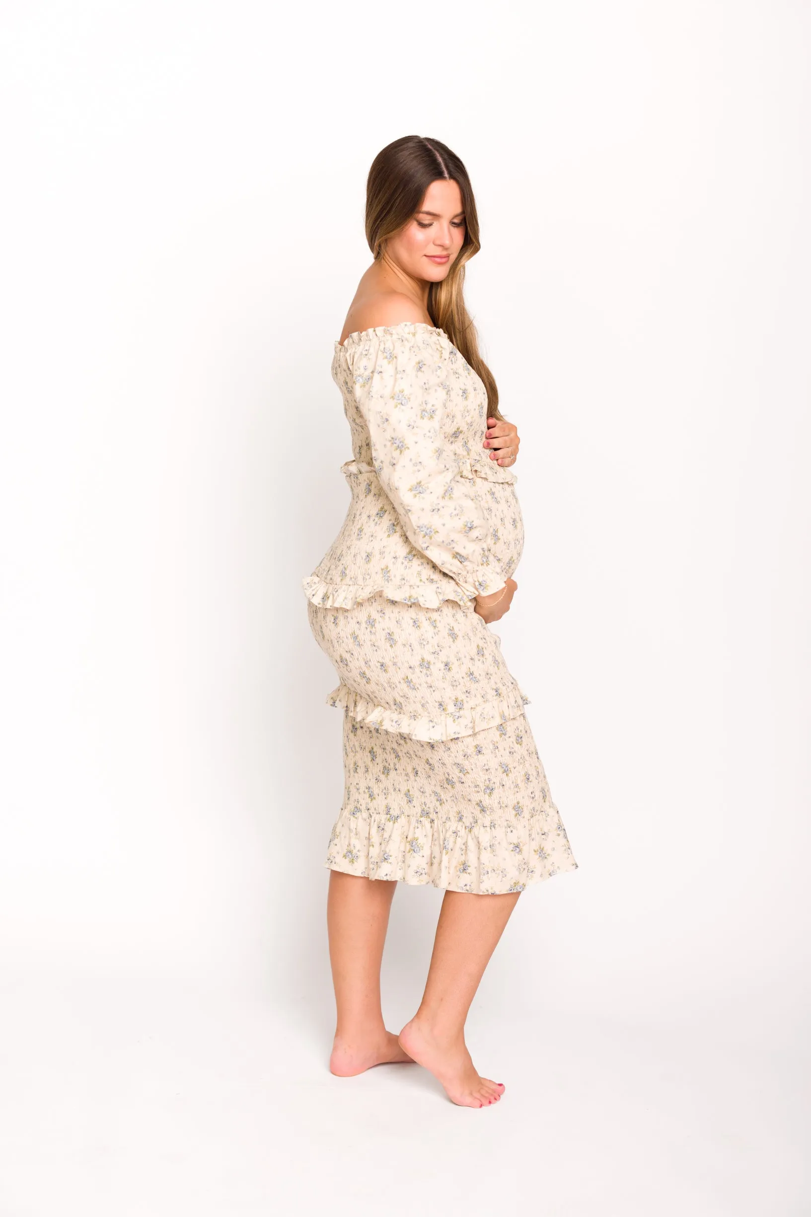 Lila Floral Printed Smocked Midi Dress in Blue - Bump Friendly