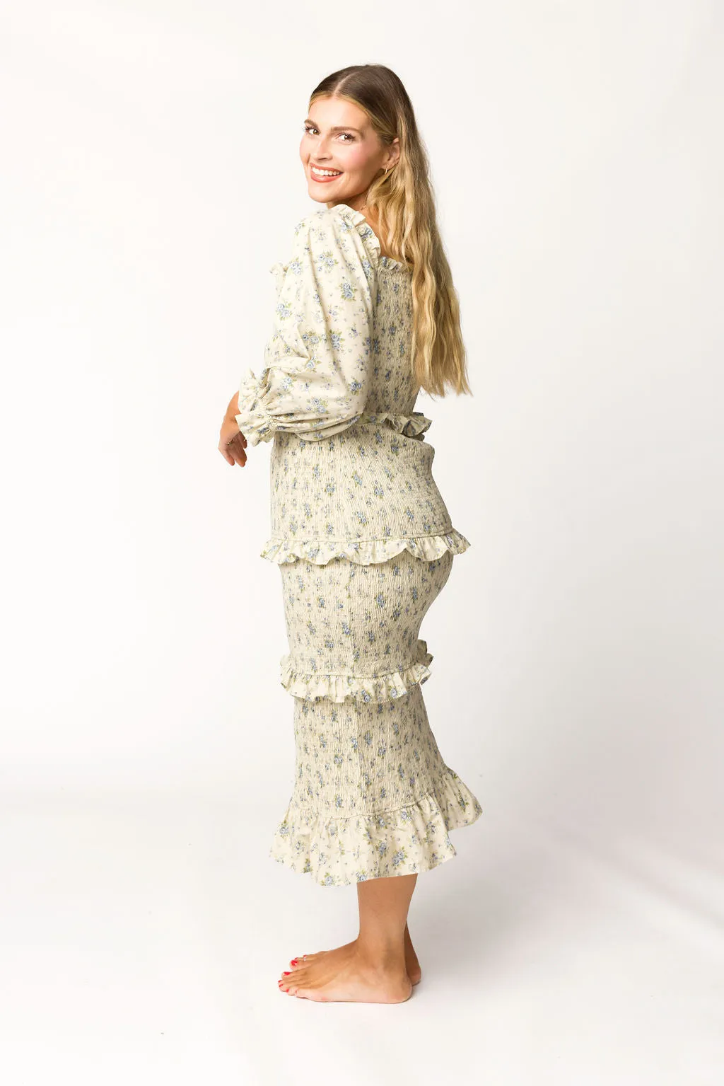 Lila Floral Printed Smocked Midi Dress in Blue - Bump Friendly