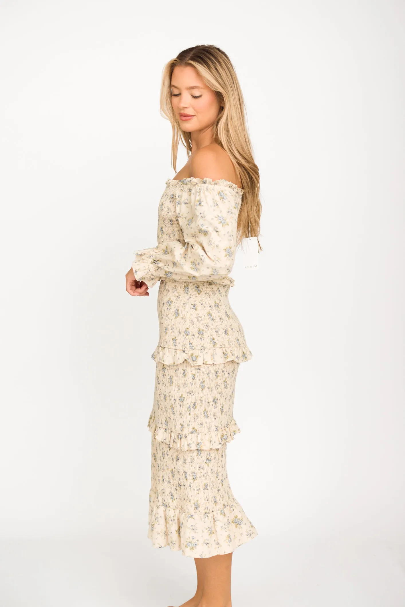 Lila Floral Printed Smocked Midi Dress in Blue - Bump Friendly