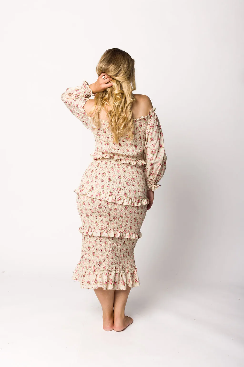Lila Floral Printed Smocked Midi Dress in Pink - Bump Friendly