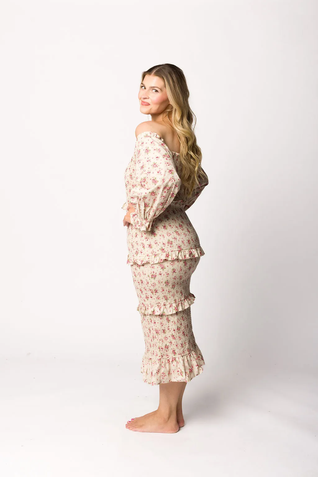 Lila Floral Printed Smocked Midi Dress in Pink - Bump Friendly