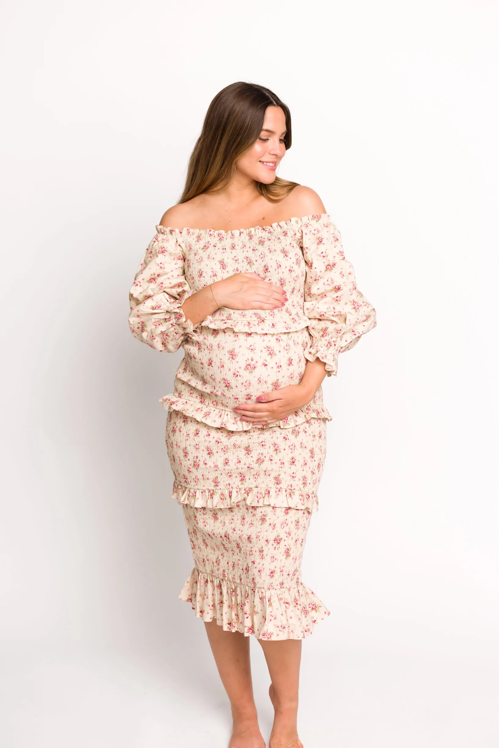 Lila Floral Printed Smocked Midi Dress in Pink - Bump Friendly
