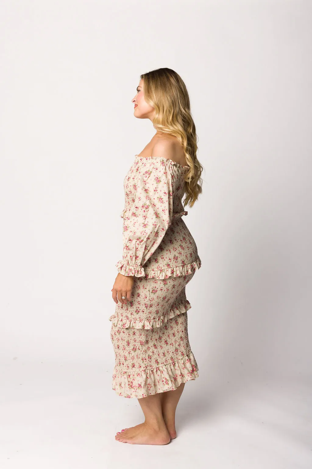 Lila Floral Printed Smocked Midi Dress in Pink - Bump Friendly