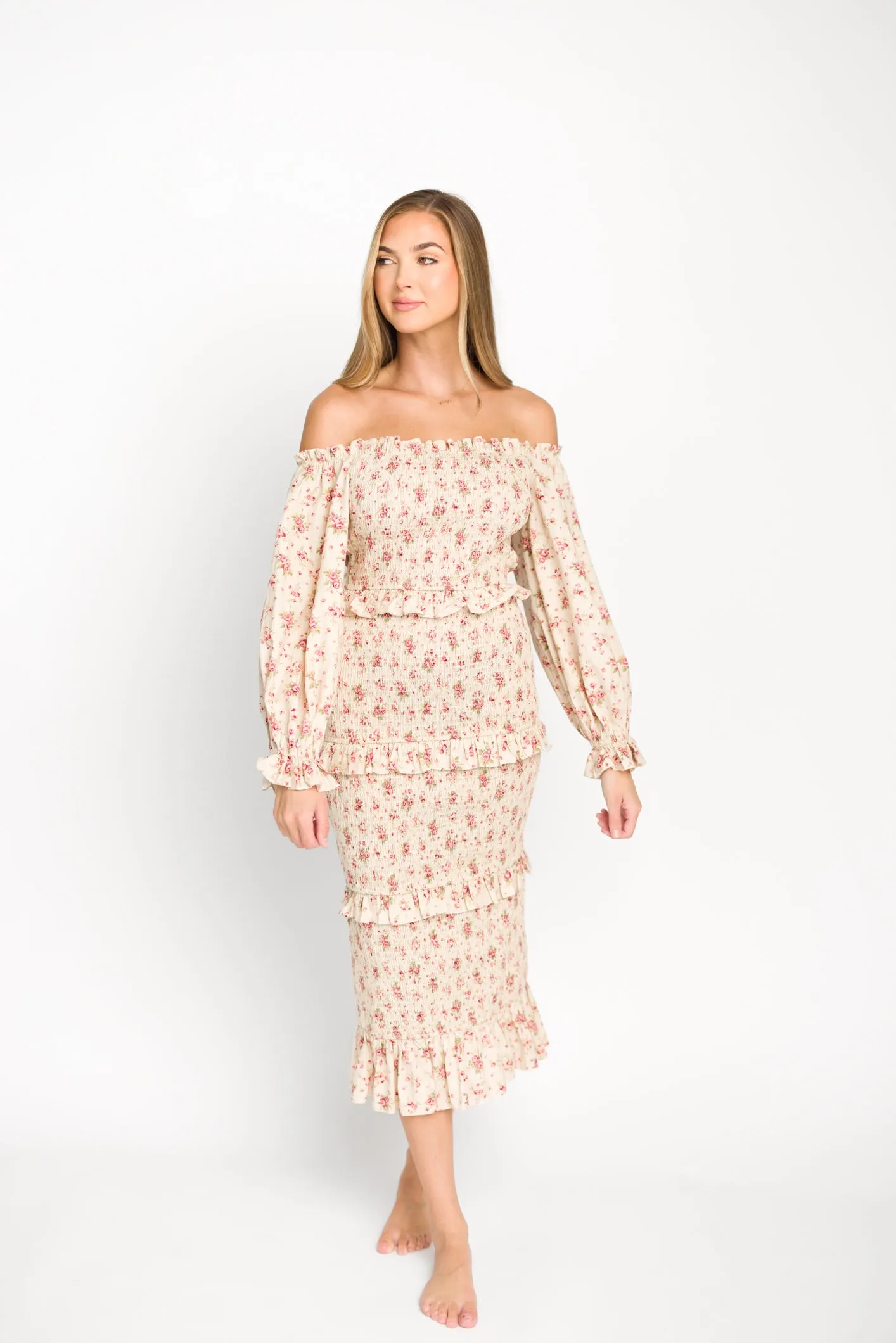 Lila Floral Printed Smocked Midi Dress in Pink - Bump Friendly