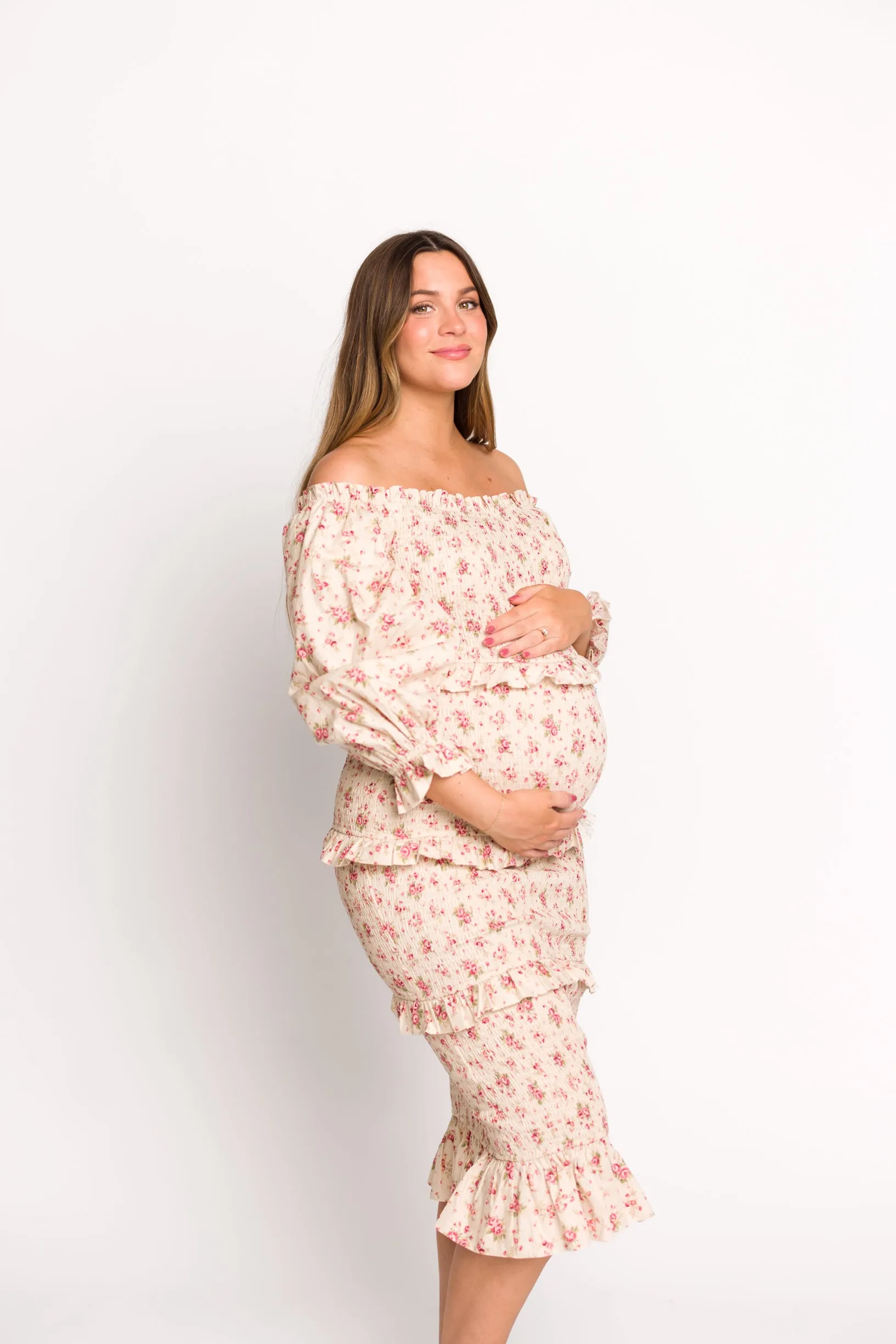 Lila Floral Printed Smocked Midi Dress in Pink - Bump Friendly
