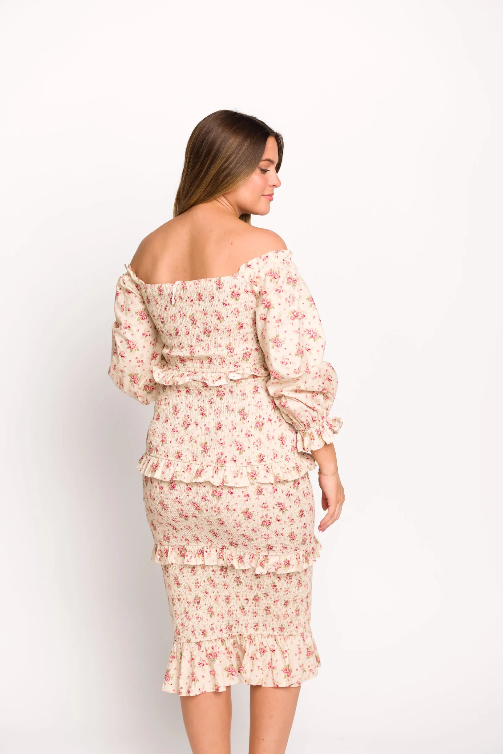 Lila Floral Printed Smocked Midi Dress in Pink - Bump Friendly