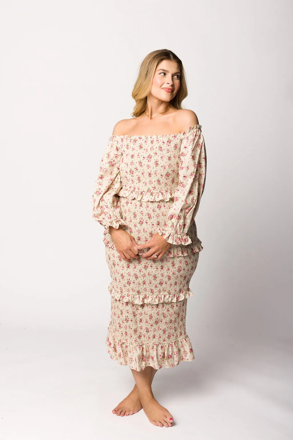 Lila Floral Printed Smocked Midi Dress in Pink - Bump Friendly