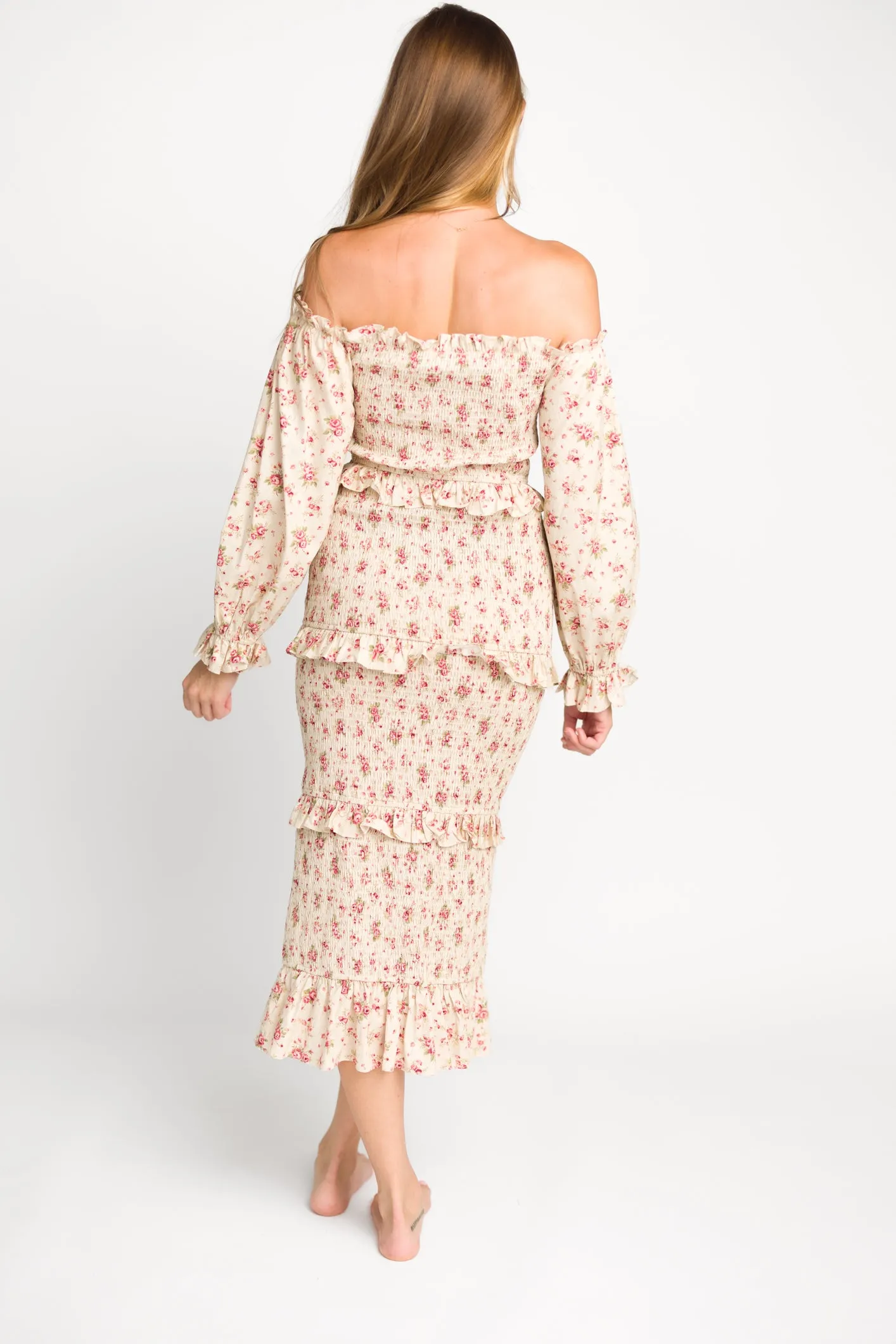 Lila Floral Printed Smocked Midi Dress in Pink - Bump Friendly