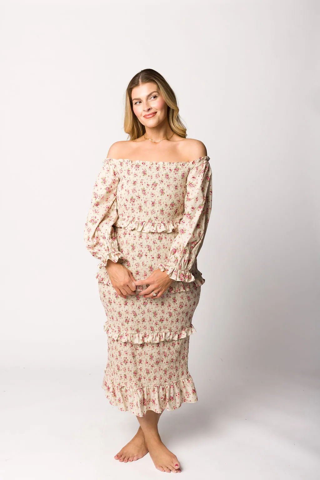 Lila Floral Printed Smocked Midi Dress in Pink - Bump Friendly