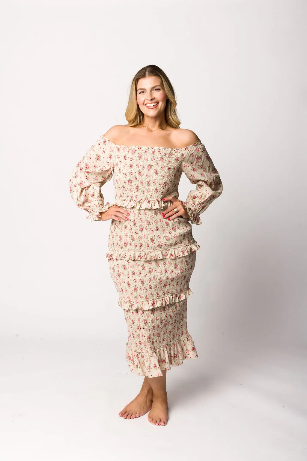 Lila Floral Printed Smocked Midi Dress in Pink - Bump Friendly