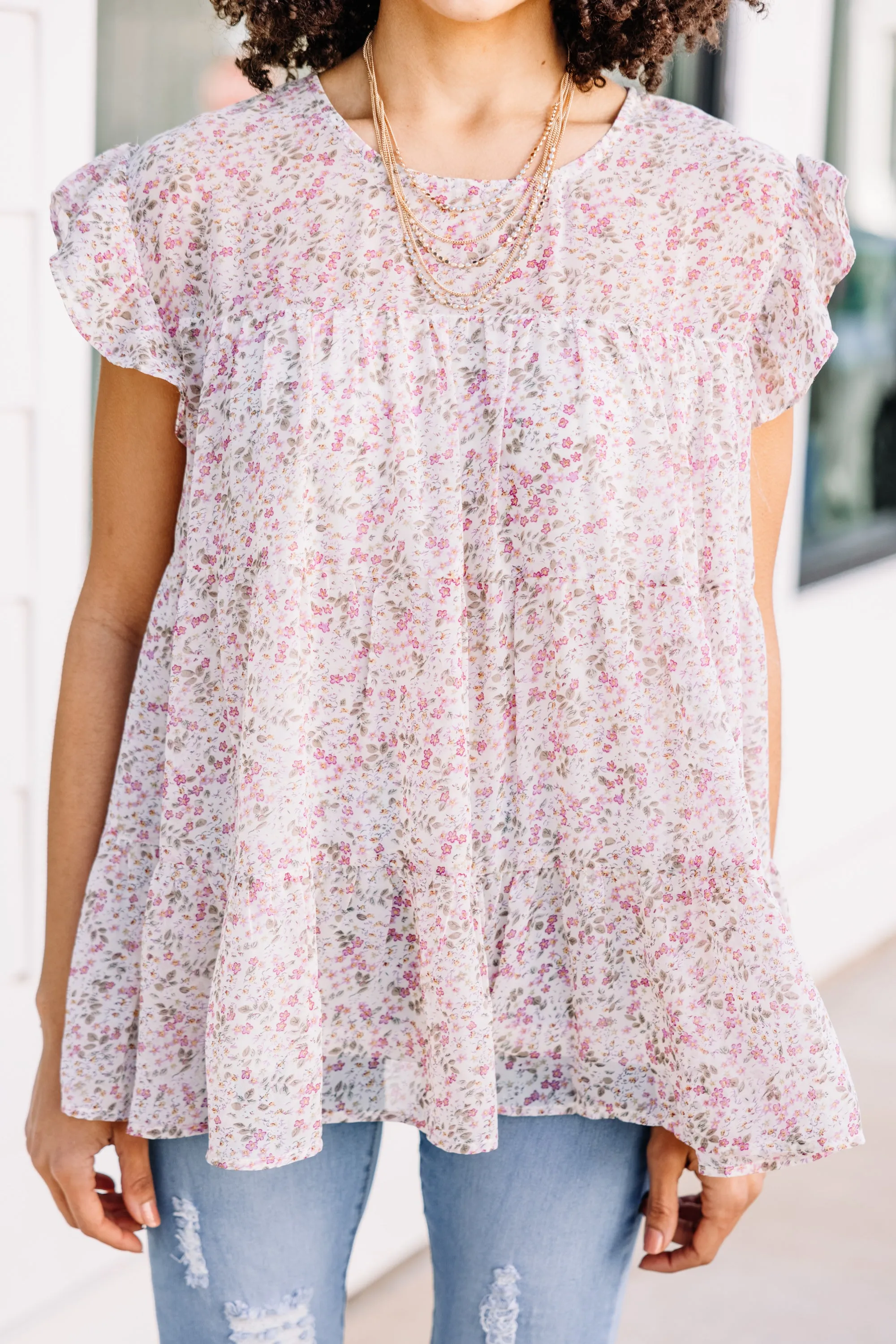 Lose Yourself Cream White Ditsy Floral Babydoll Top
