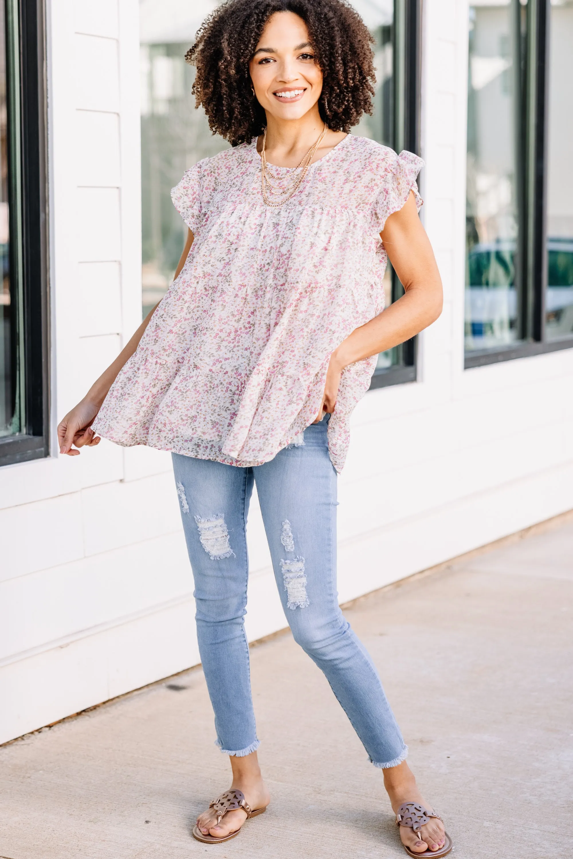 Lose Yourself Cream White Ditsy Floral Babydoll Top