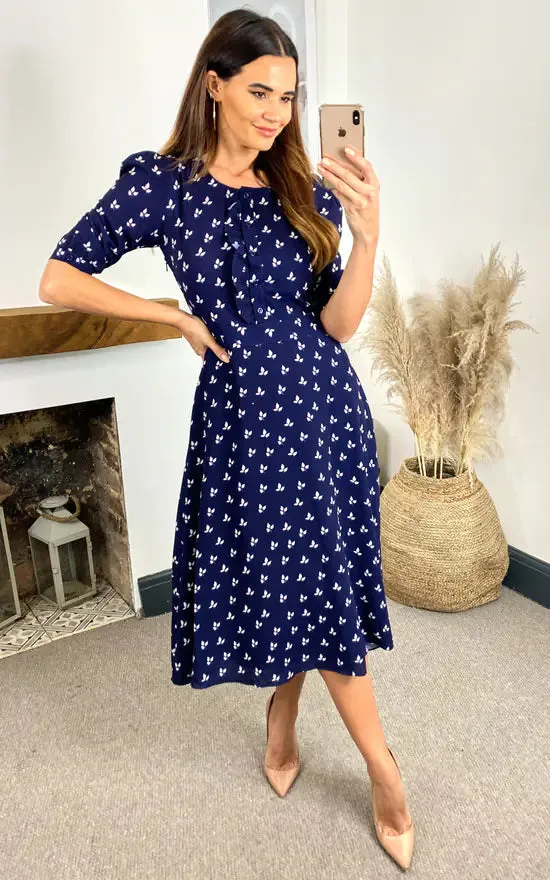 Louise Printed Button Down Dress With Neck Tie