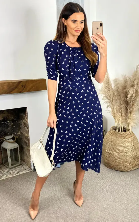 Louise Printed Button Down Dress With Neck Tie